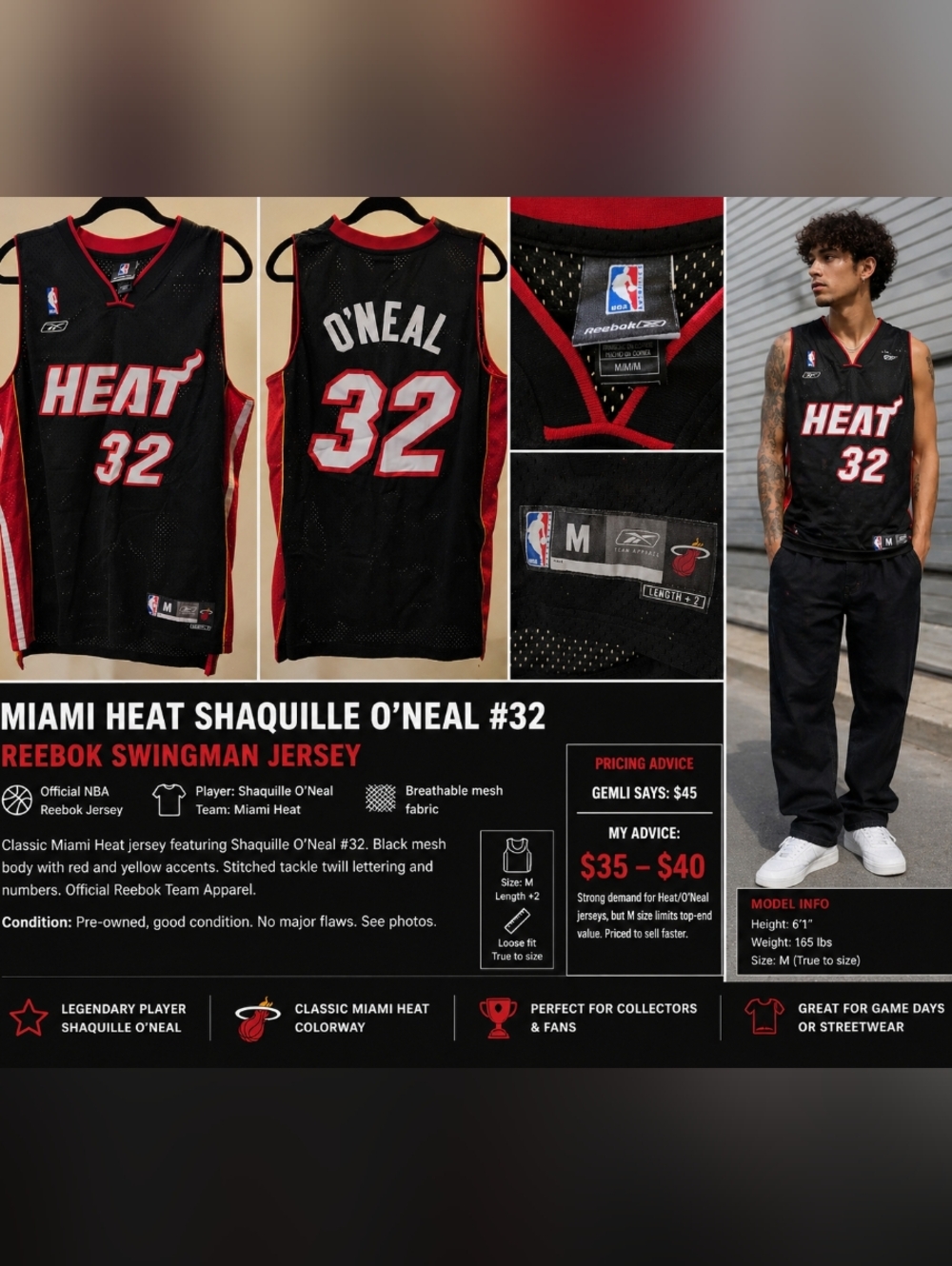 Miami Heat Shaquille O’Neal #32 Jersey 🔥 Reebok NBA Black Size M Streetwear